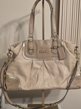 Coach Beige Leather Satchel with Croc-Texture Trim